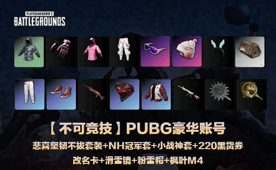 【不可竞技】 PUBG悲喜坚韧不拔套装+NH冠军套+小战神套+220黑货券+改名卡+滑雪镜+粉雪帽+枫叶M4成品号